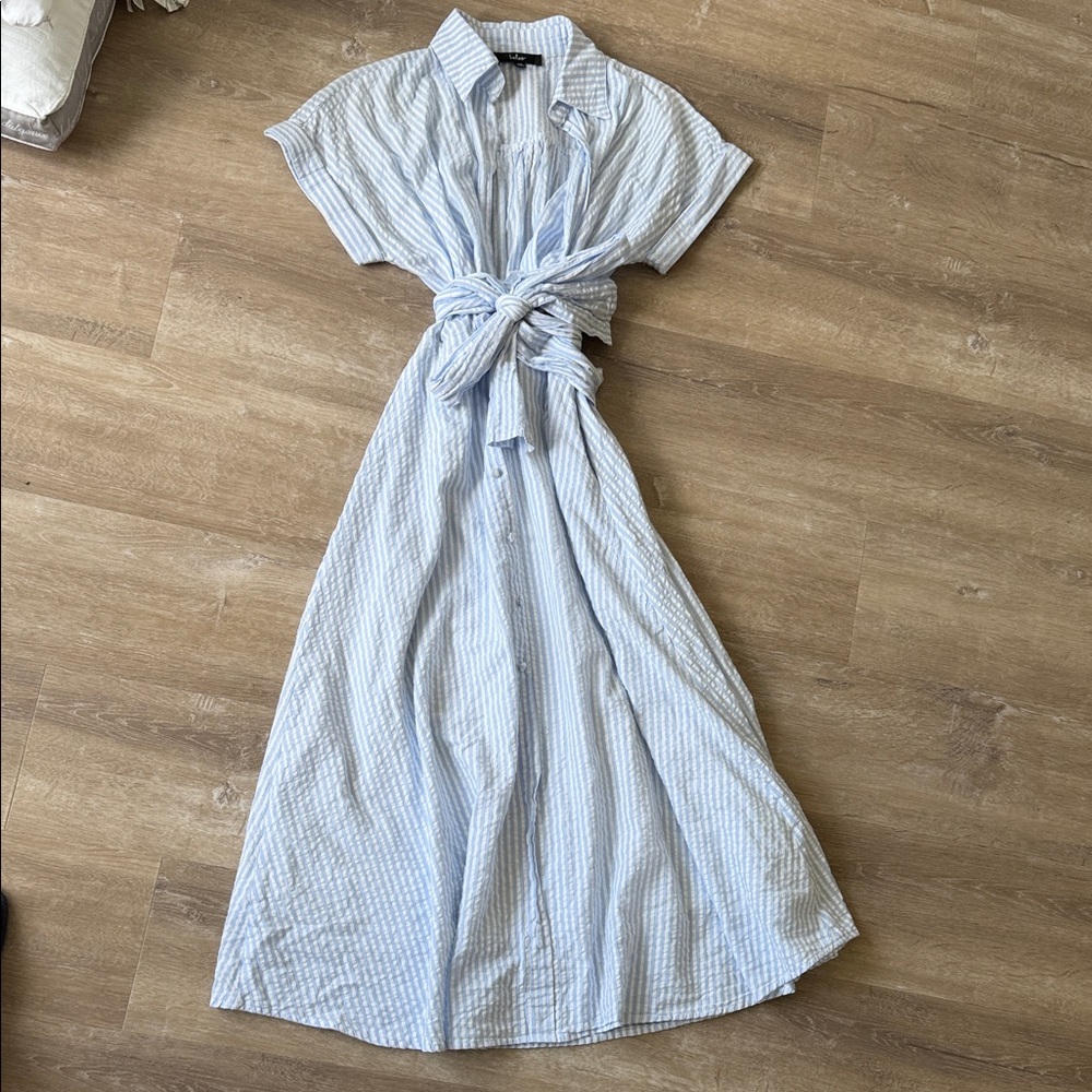 Lulus Light Blue and White Striped Midi Dress Business with Pockets